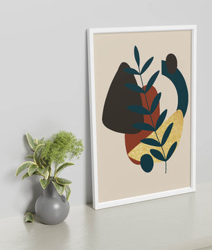 Abstract Botanical Composition with Geometric Shapes and Gold Accent - Mi tienda