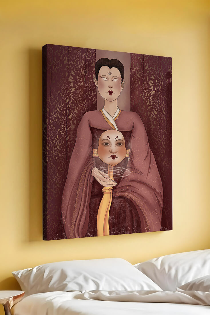 Ilustración de una figura mística con máscara y fondo ornamentado