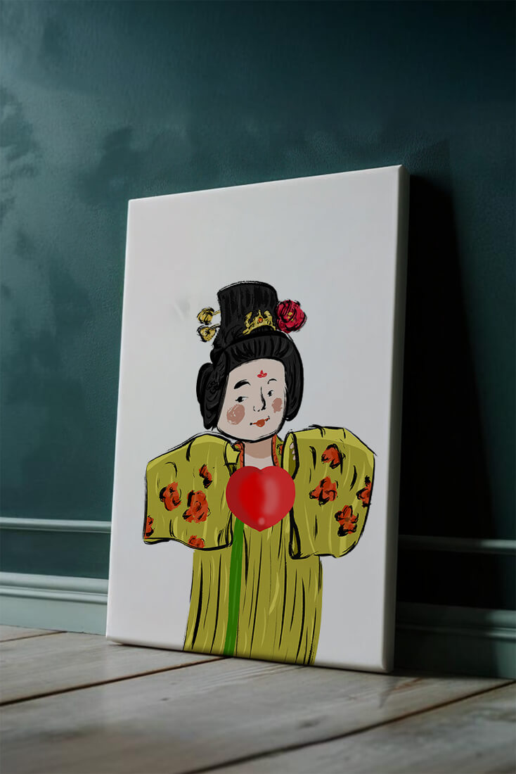 Illustration of a traditional figure in vibrant attire with a heart symbol