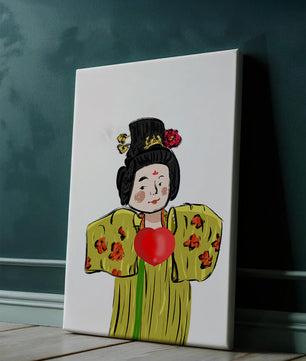 Ilustración de una figura tradicional con atuendo vibrante y un símbolo de corazón