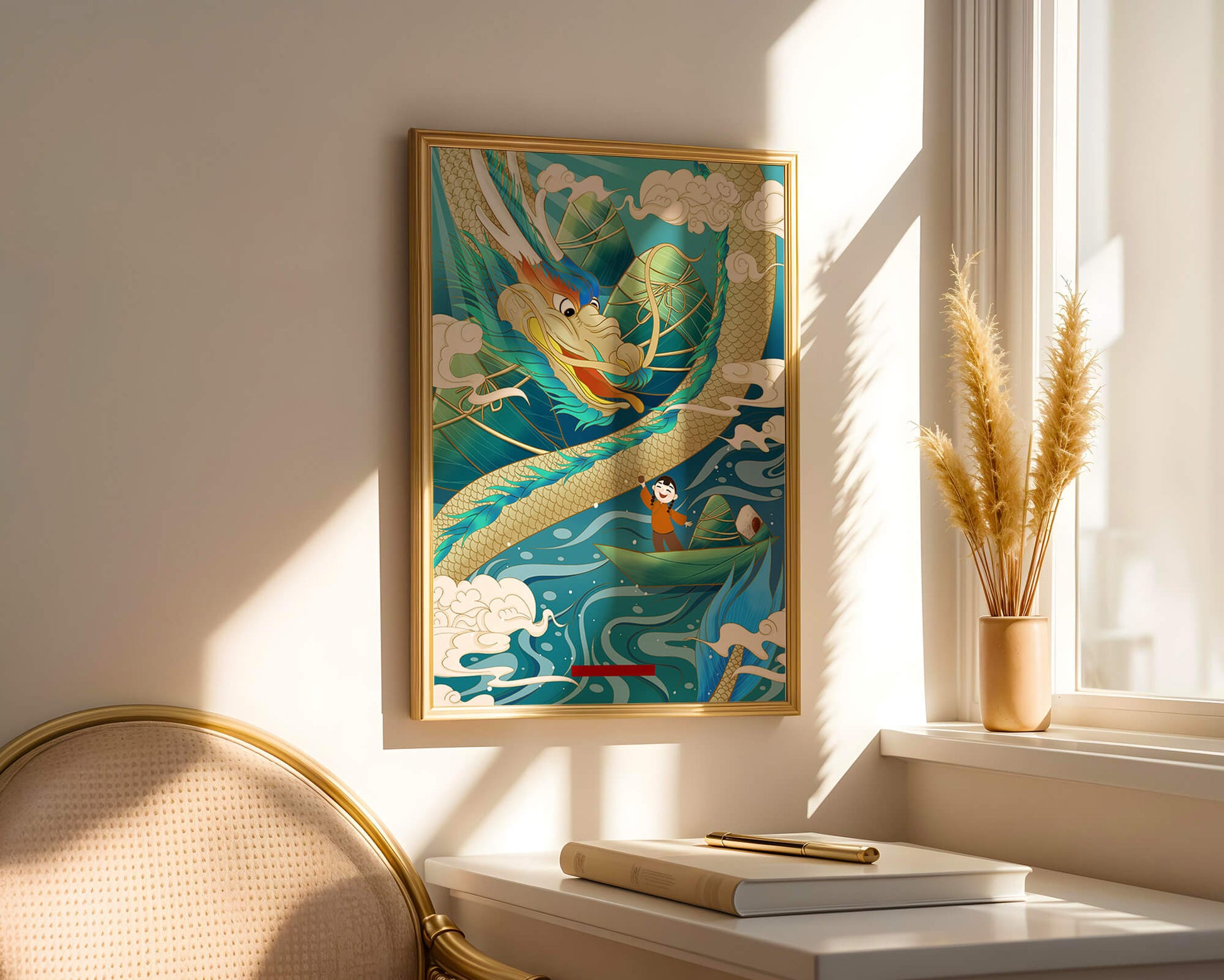 Colorful dragon and child illustration with vibrant waves and clouds