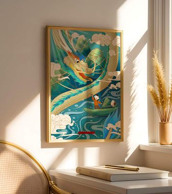 Colorful dragon and child illustration with vibrant waves and clouds