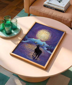 Moose Under Starry Night Sky with Radiant Moon