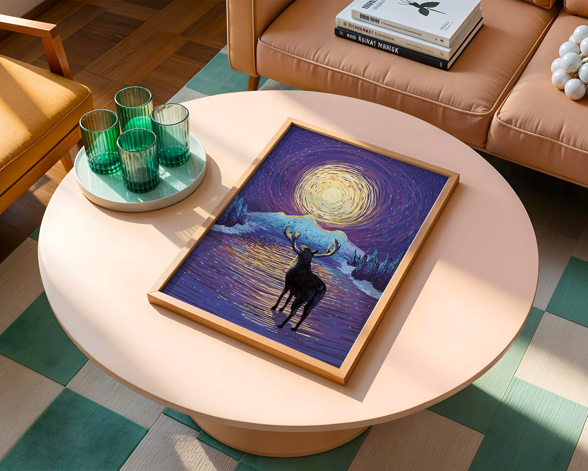 Moose Under Starry Night Sky with Radiant Moon