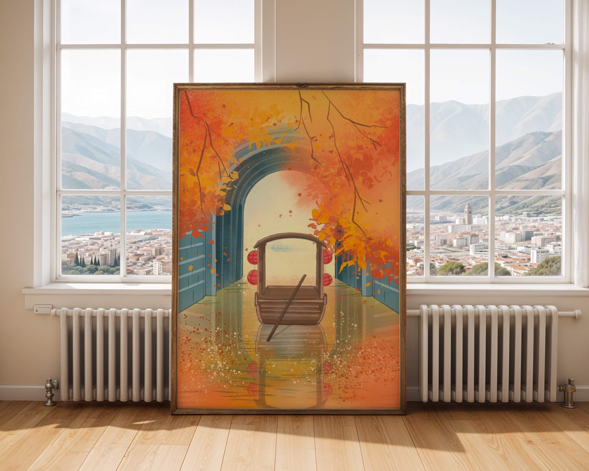 Serene autumn scene with archway and wooden boat