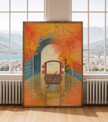 Serene autumn scene with archway and wooden boat