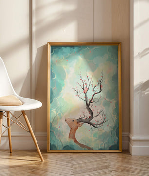 Ciervo surrealista con ramas como cuernos sobre fondo nublado en tonos pastel