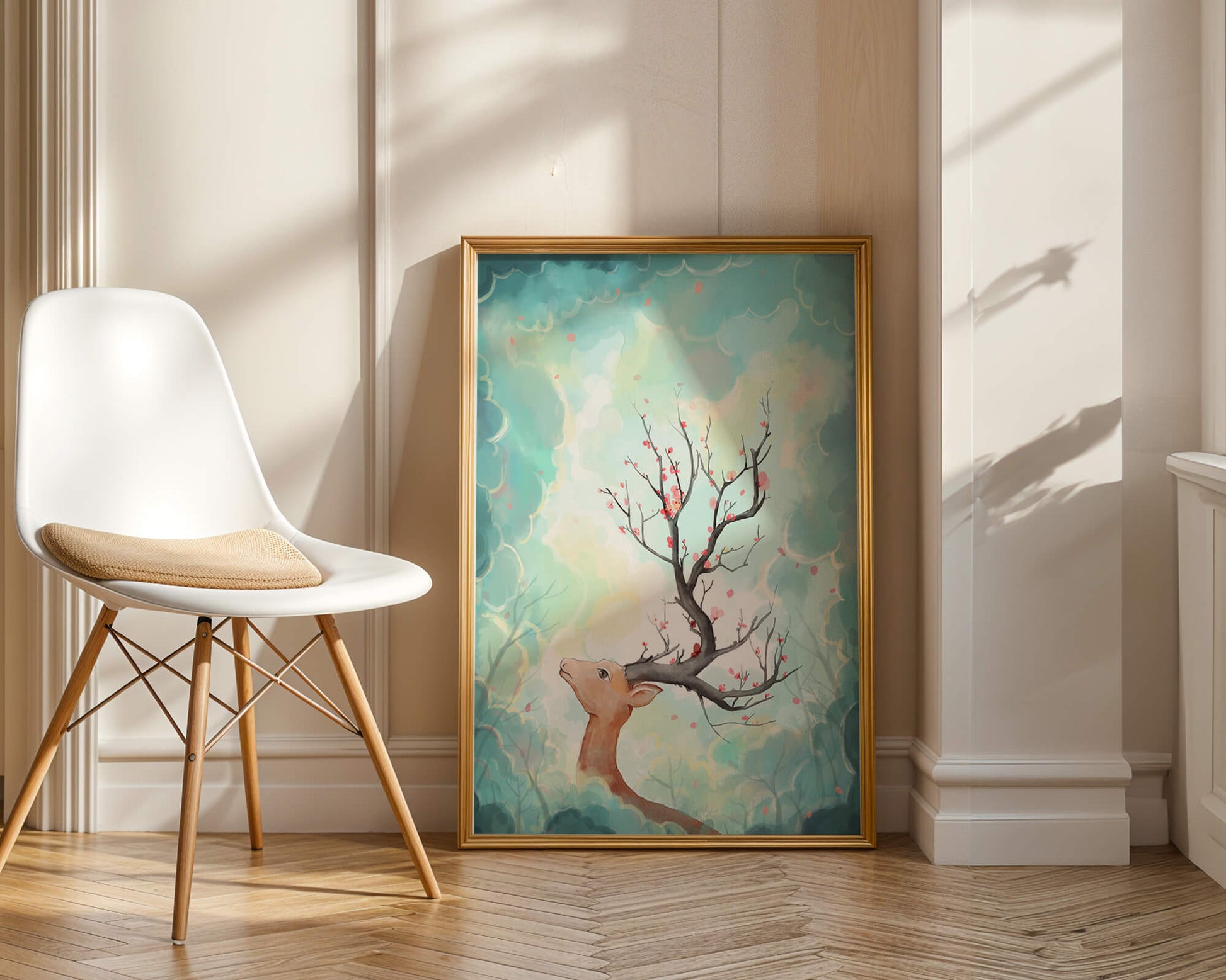 Surreal deer with branches for antlers in a pastel cloudy background