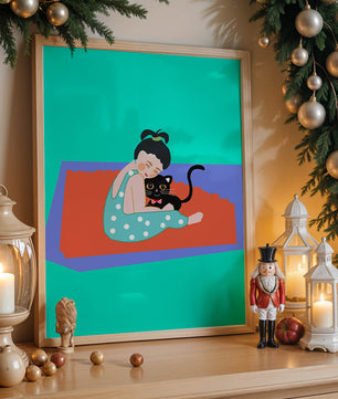 Gemütliche Illustration eines Mädchens, das eine Katze auf einer bunten Matte umarmt