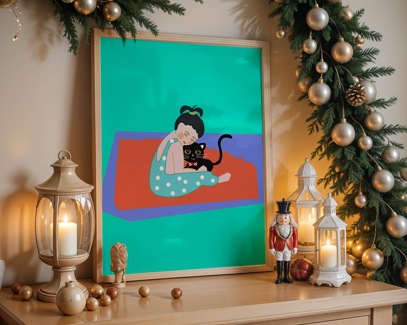 Gemütliche Illustration eines Mädchens, das eine Katze auf einer bunten Matte umarmt