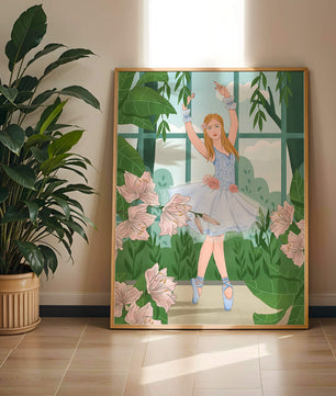 Elegant ballet dancer in a floral and botanical setting