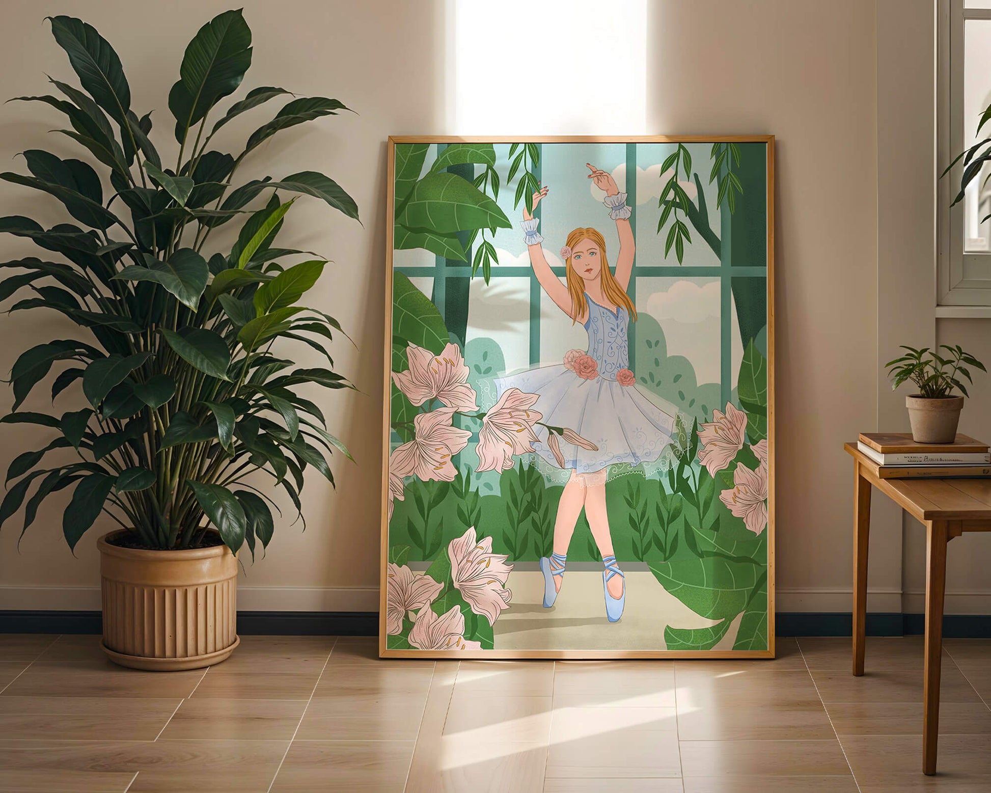 Elegant ballet dancer in a floral and botanical setting