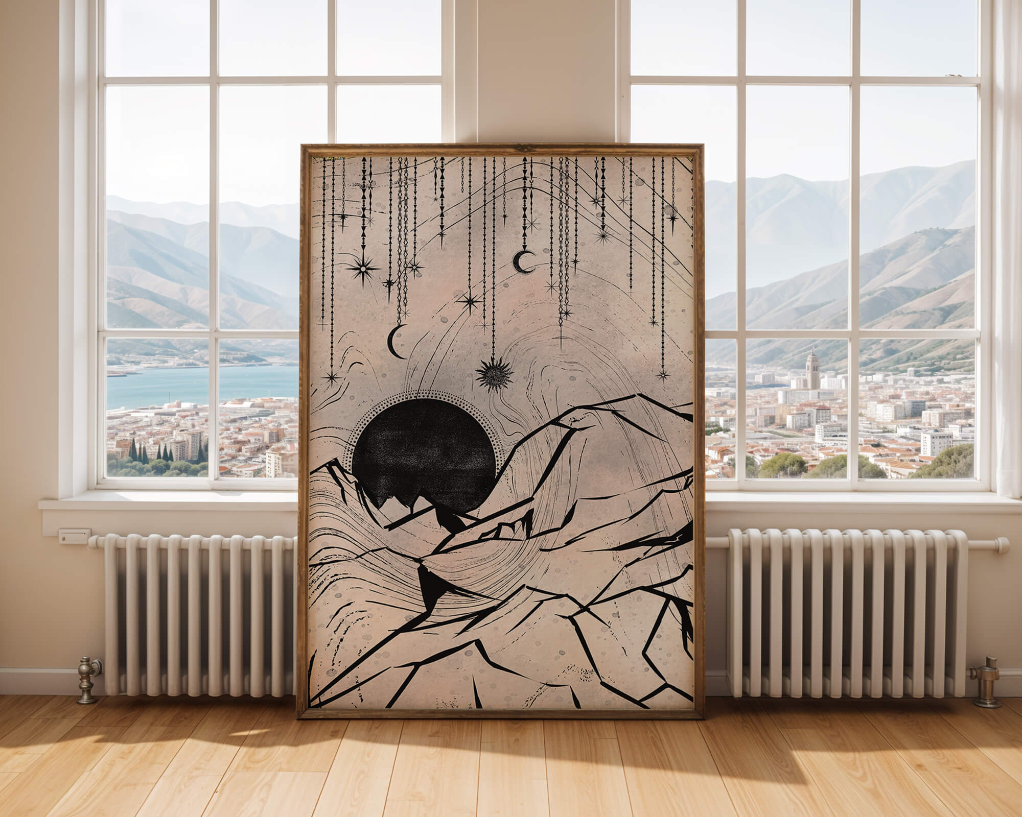 Abstract celestial landscape with mountains and stars