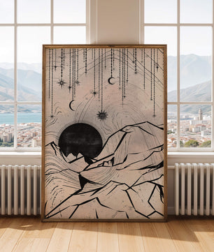 Abstract celestial landscape with mountains and stars