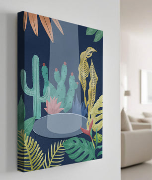 Ilustración botánica colorida con cactus y hojas tropicales
