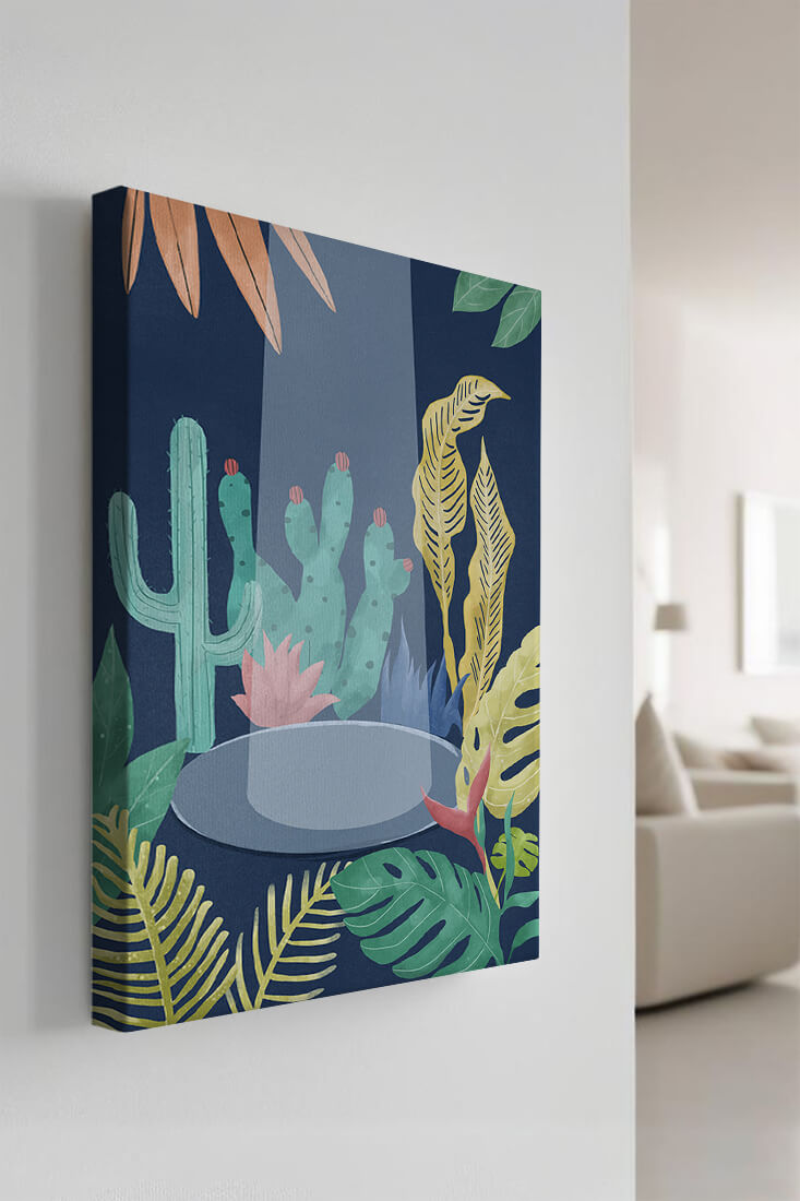 Colorful botanical illustration featuring cacti and tropical leaves