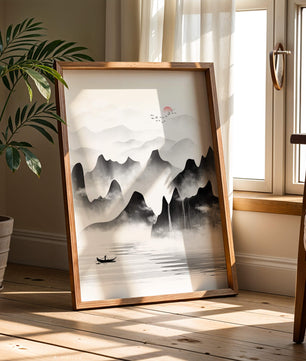 Peaceful mountain landscape with mist and rising sun