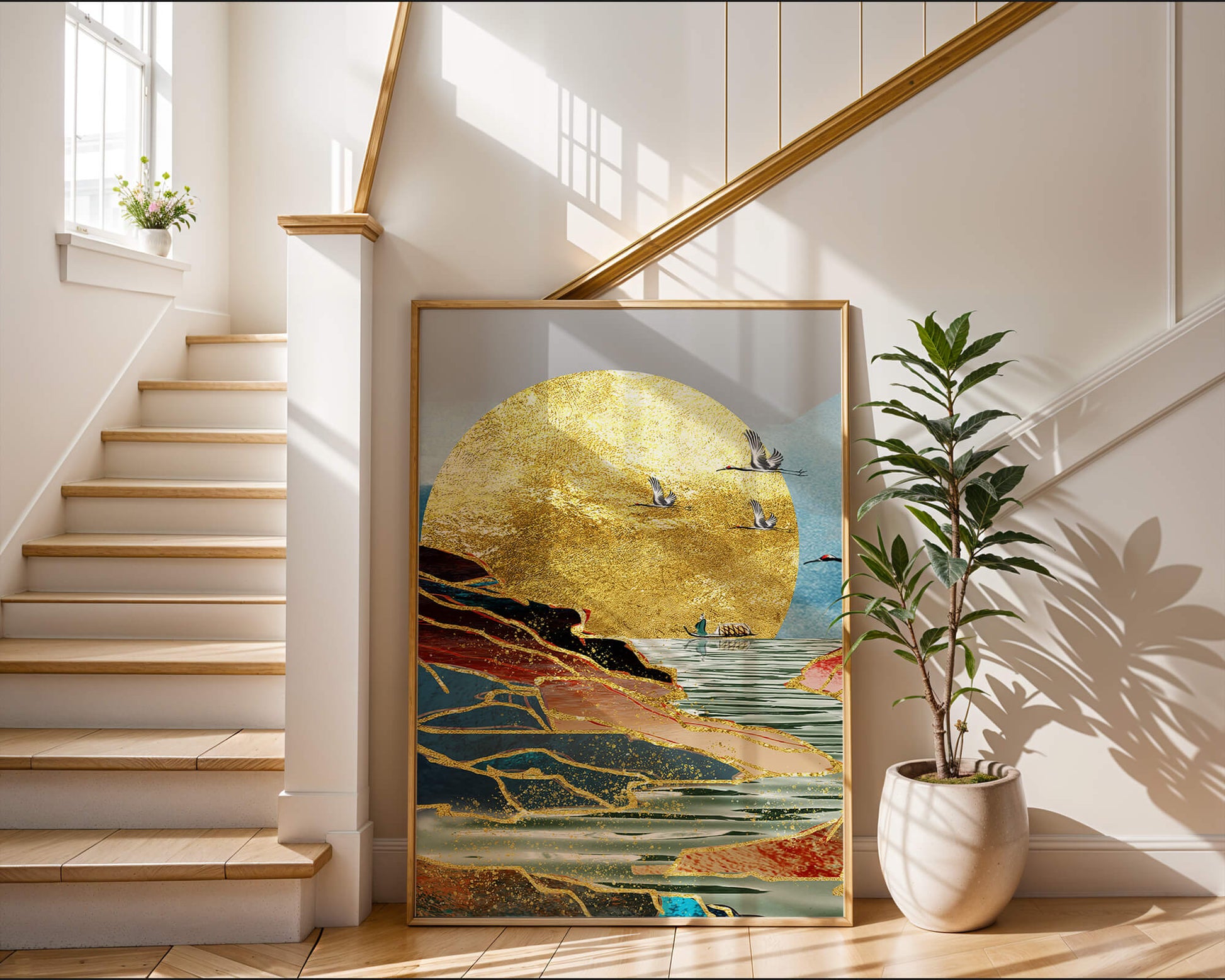 Majestic Golden Sun with Birds over Serene Landscape