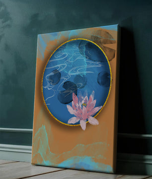 Abstrakte Seerosenkunst mit goldenen Akzenten auf blauem und orangefarbenem Hintergrund