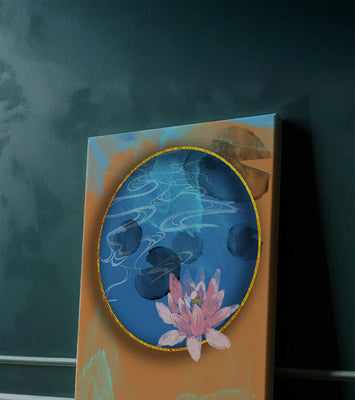 Abstract water lily art with gold accents on blue and orange background