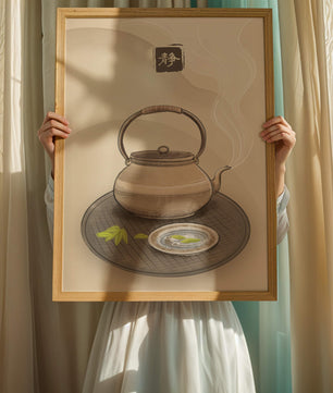 Traditional Japanese teapot with steaming tea and serene setting