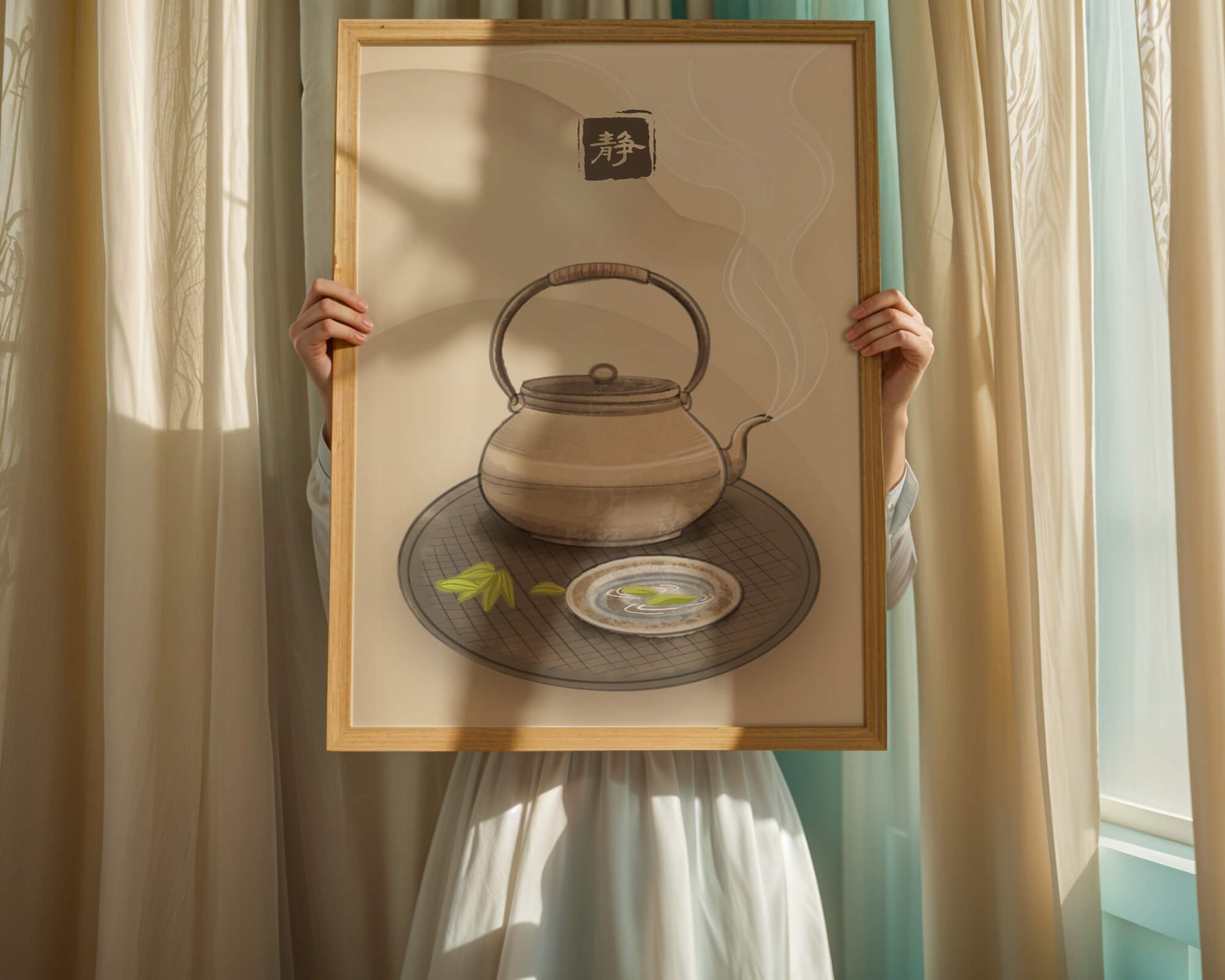 Tetera japonesa tradicional con té humeante y ambiente sereno