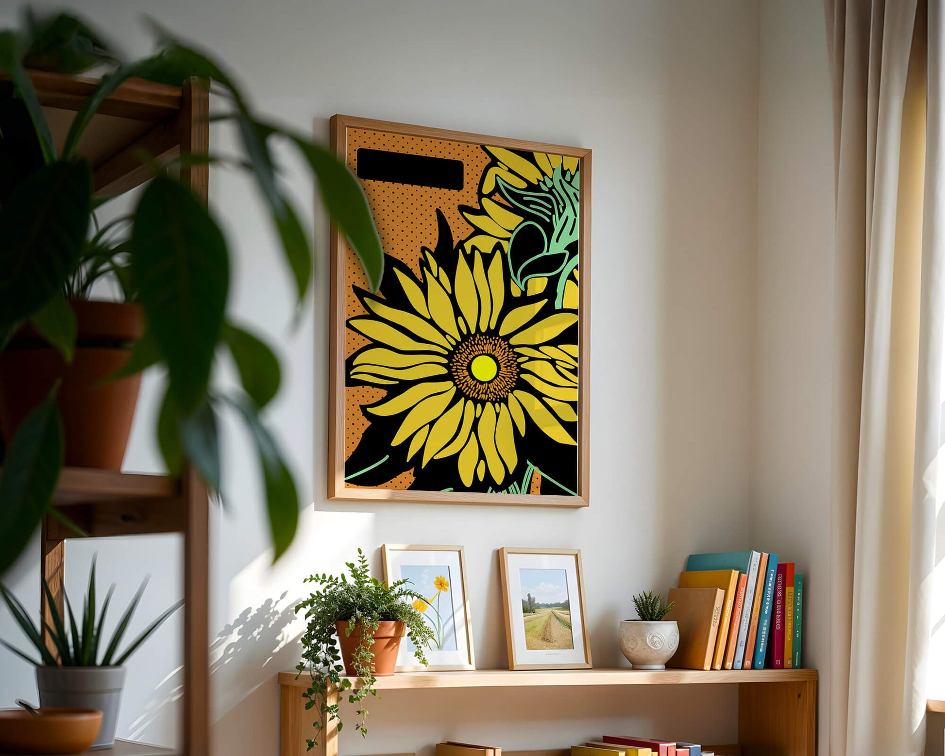 Colorful sunflower illustration with bold lines and dots