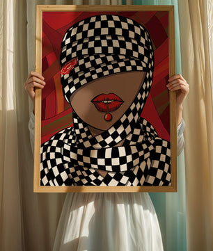 Abstract Art of Woman with Checkered Pattern and Red Lips - Mi tienda