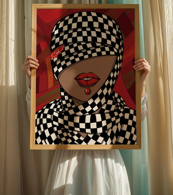 Abstract Art of Woman with Checkered Pattern and Red Lips