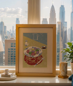 Colorful dumplings and tea set on decorative mat
