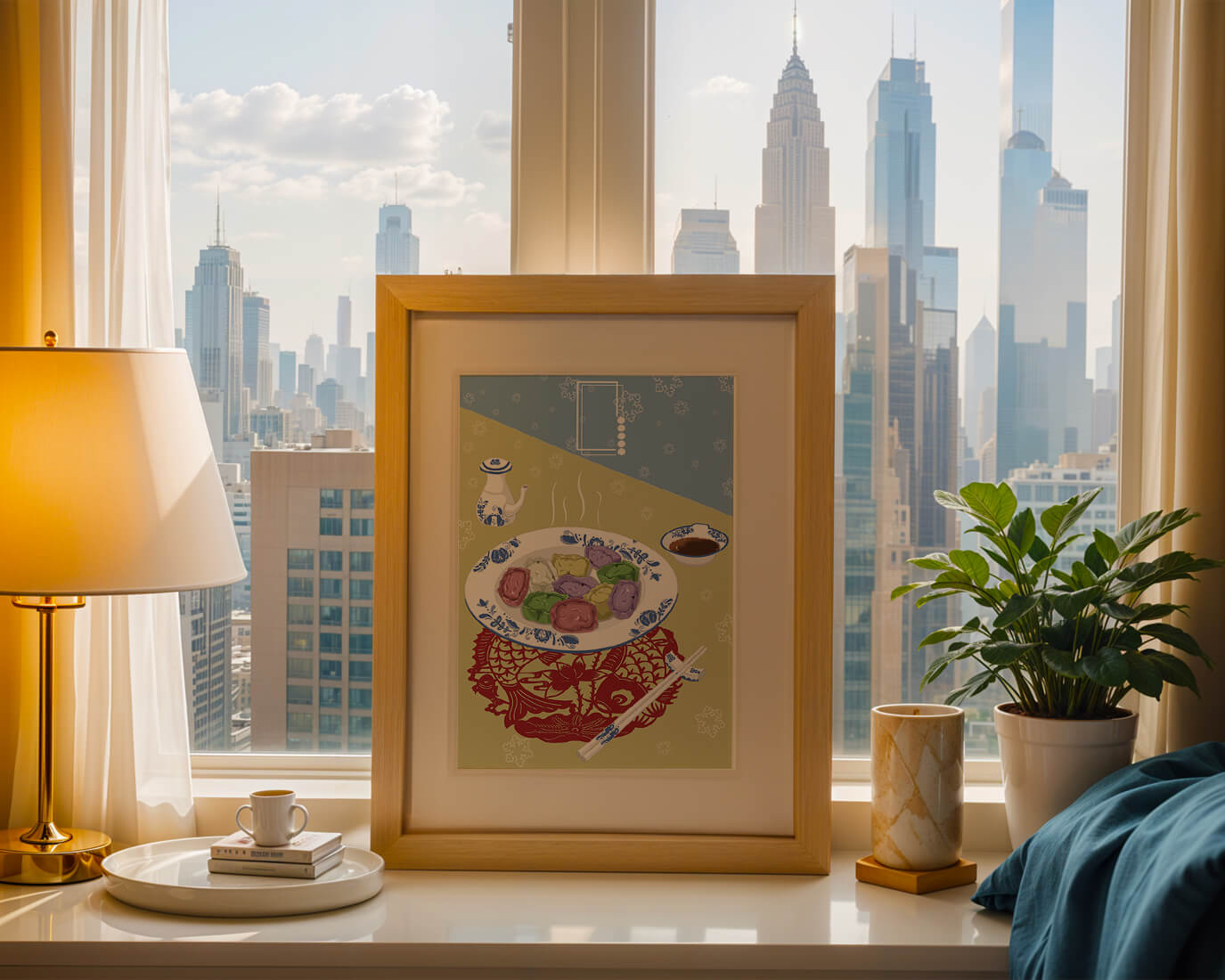 Colorful dumplings and tea set on decorative mat