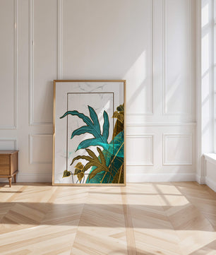 Abstrakte botanische Kunst mit blauen und goldenen Blattmustern