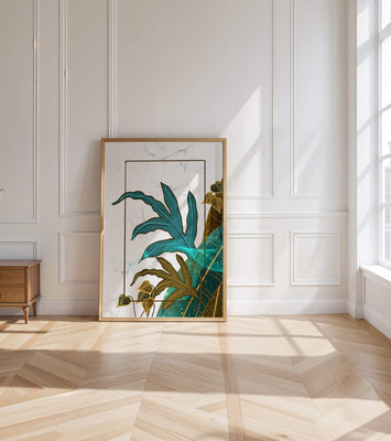 Abstract botanical art with blue and gold leafy designs