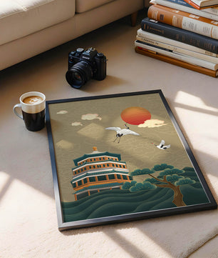 Traditional Asian artwork with cranes and pagoda under a red sun