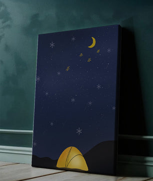 Camping Under Night Sky with Stars and Crescent Moon
