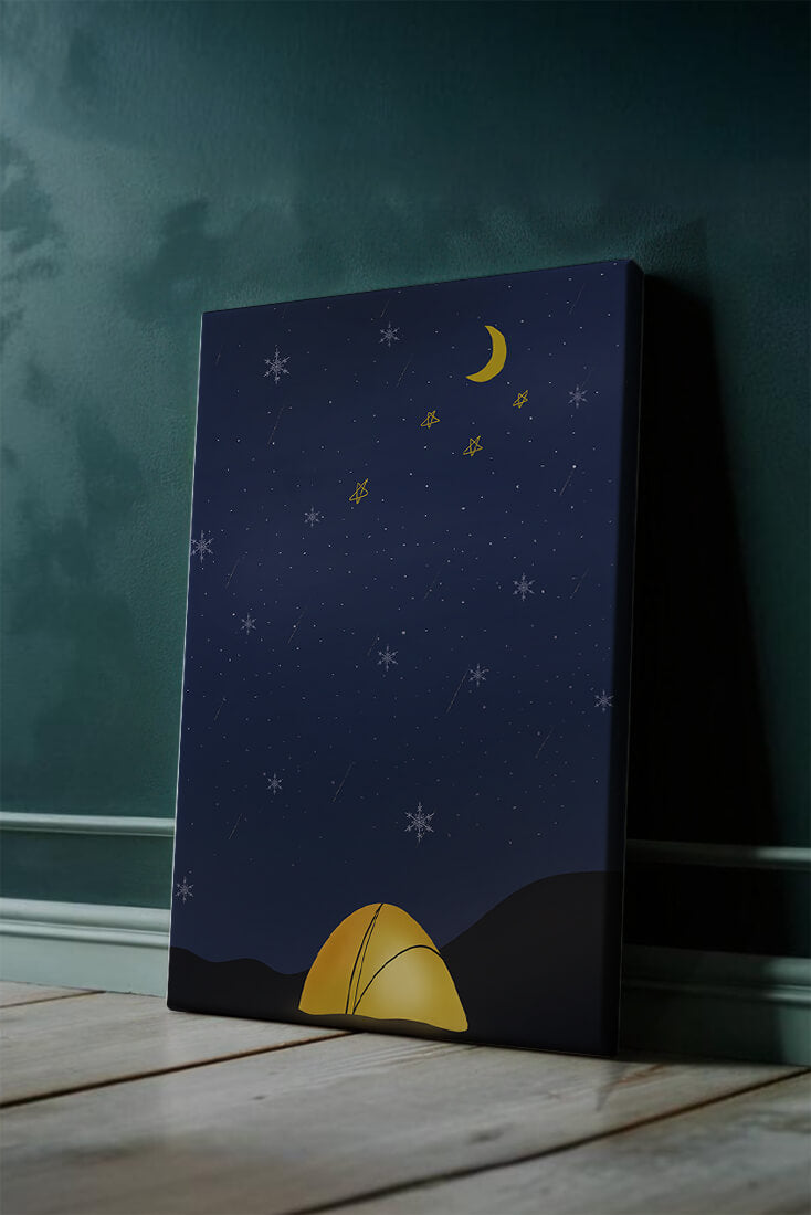 Camping Under Night Sky with Stars and Crescent Moon