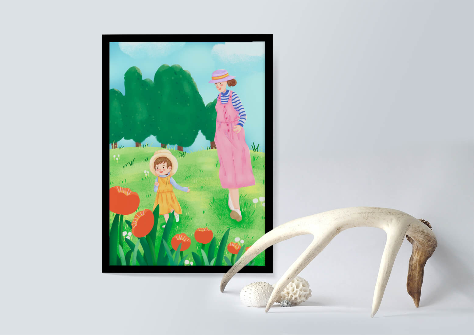 Mother and child in a floral garden under clear skies