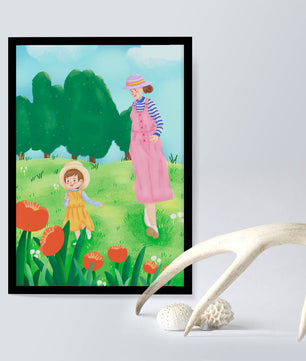 Mother and child in a floral garden under clear skies