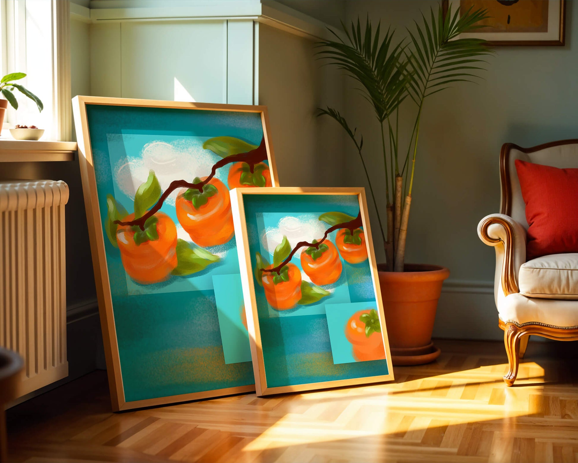 Vibrant persimmons on a branch with a blue background
