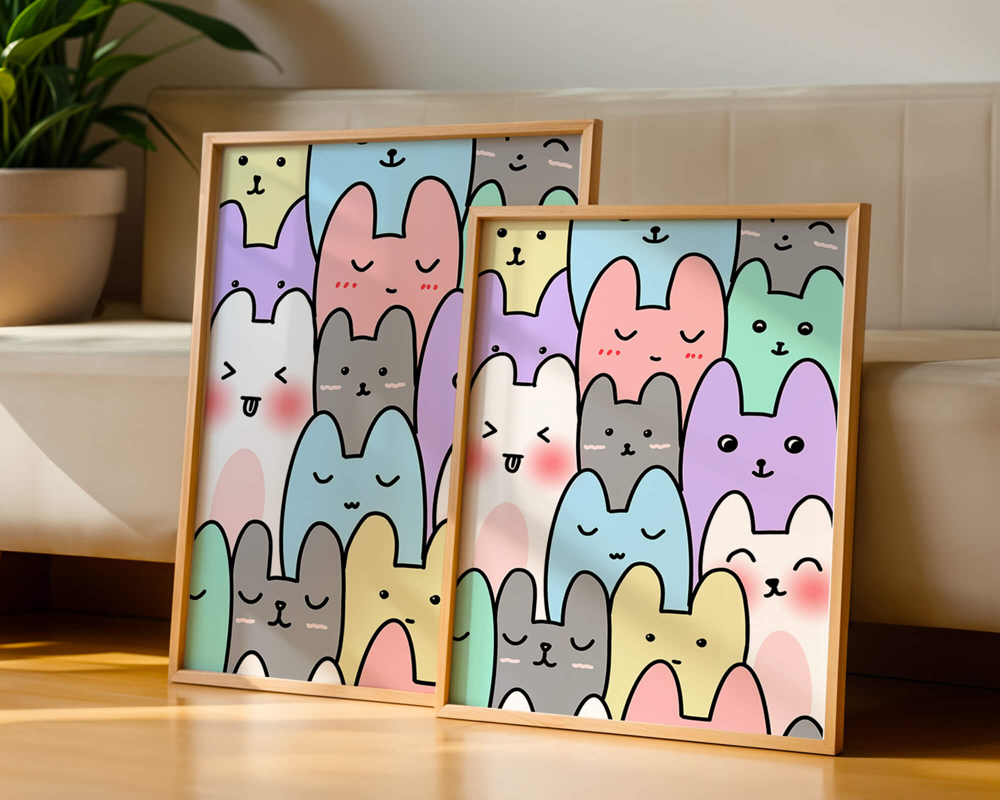 Colorful cartoon animal pattern with smiling faces