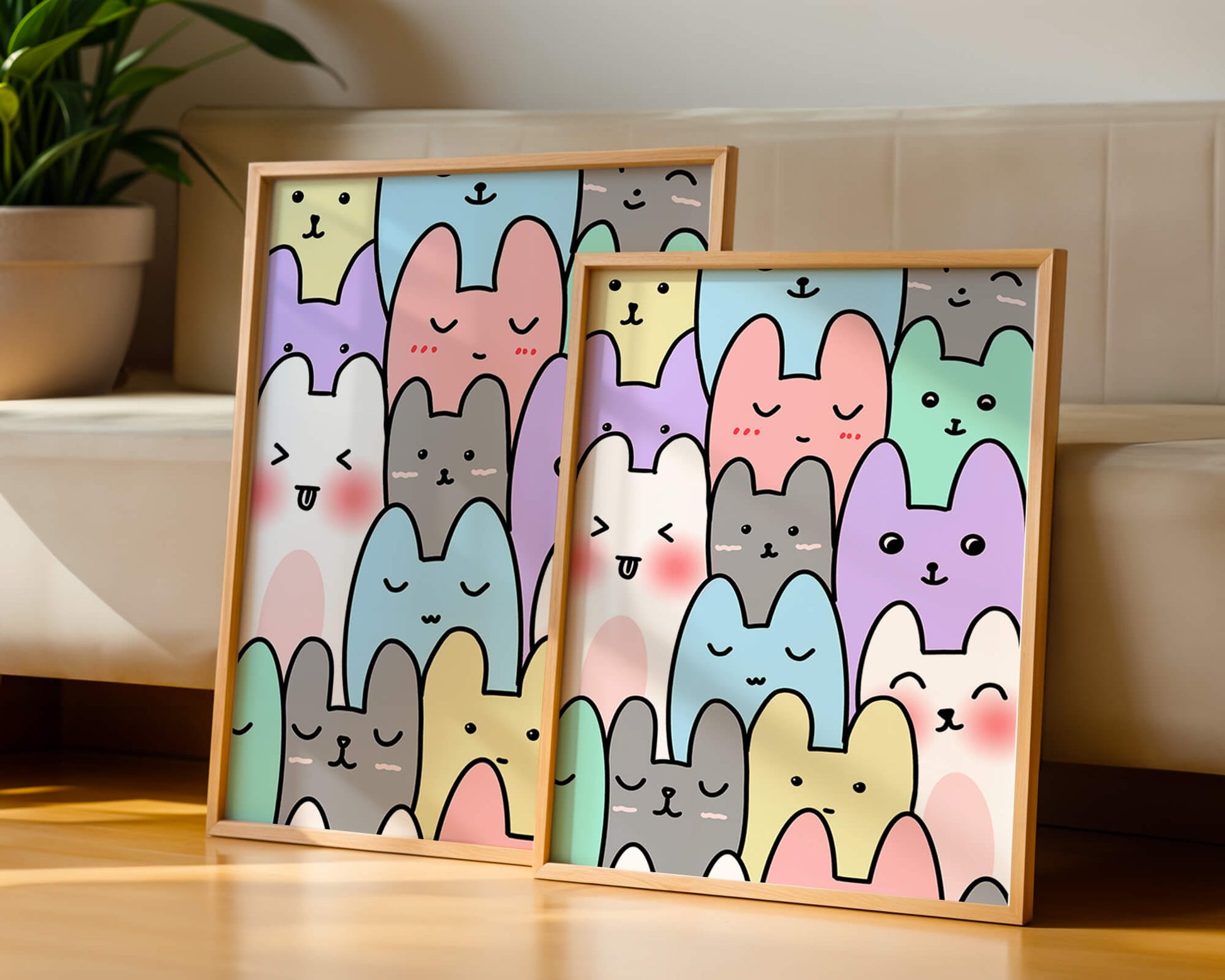 Colorful cartoon animal pattern with smiling faces