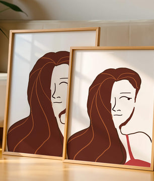 Ilustración estilizada de una mujer con cabello fluyendo y diseño minimalista