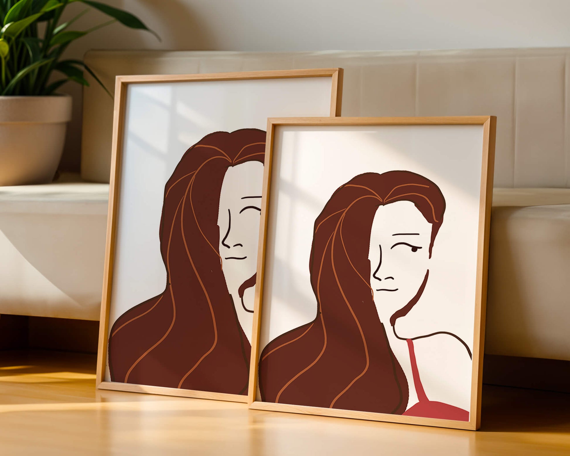 Ilustración estilizada de una mujer con cabello fluyendo y diseño minimalista