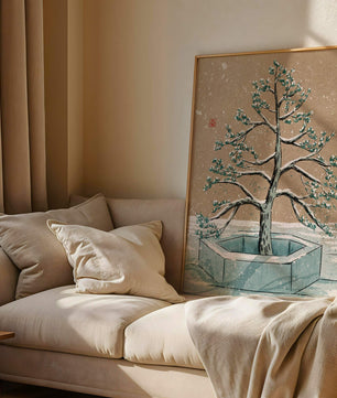 Paisaje invernal con ilustración de árbol bonsái cubierto de nieve