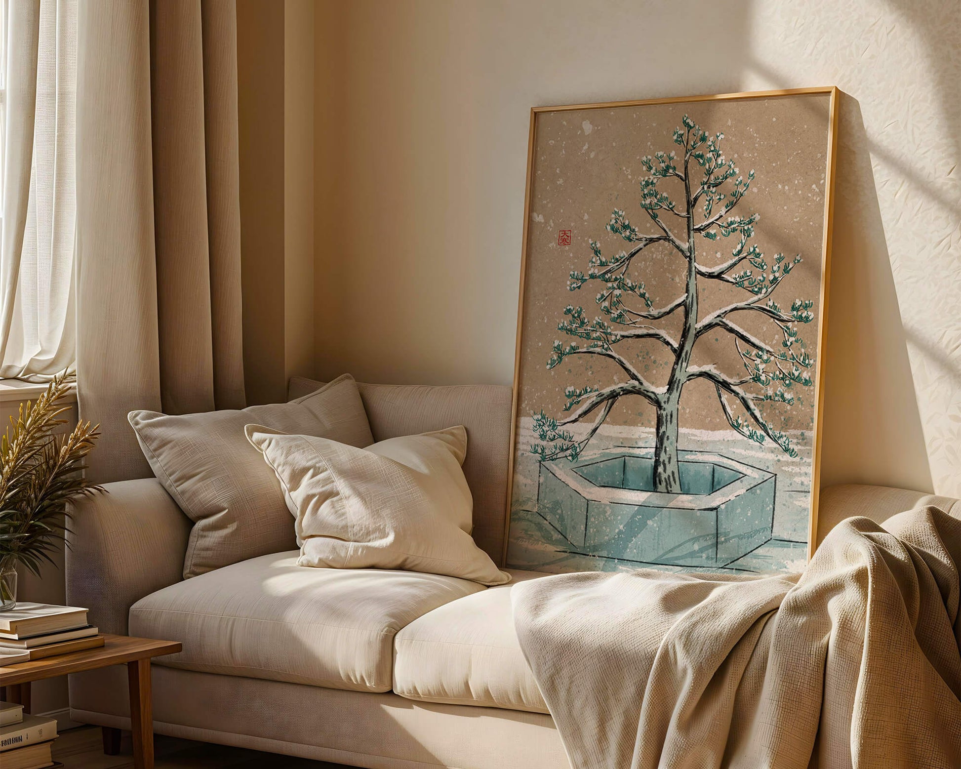 Paisaje invernal con ilustración de árbol bonsái cubierto de nieve