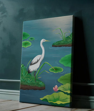Serene wetland scene with white crane and water lilies