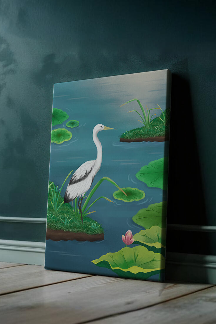 Serene wetland scene with white crane and water lilies