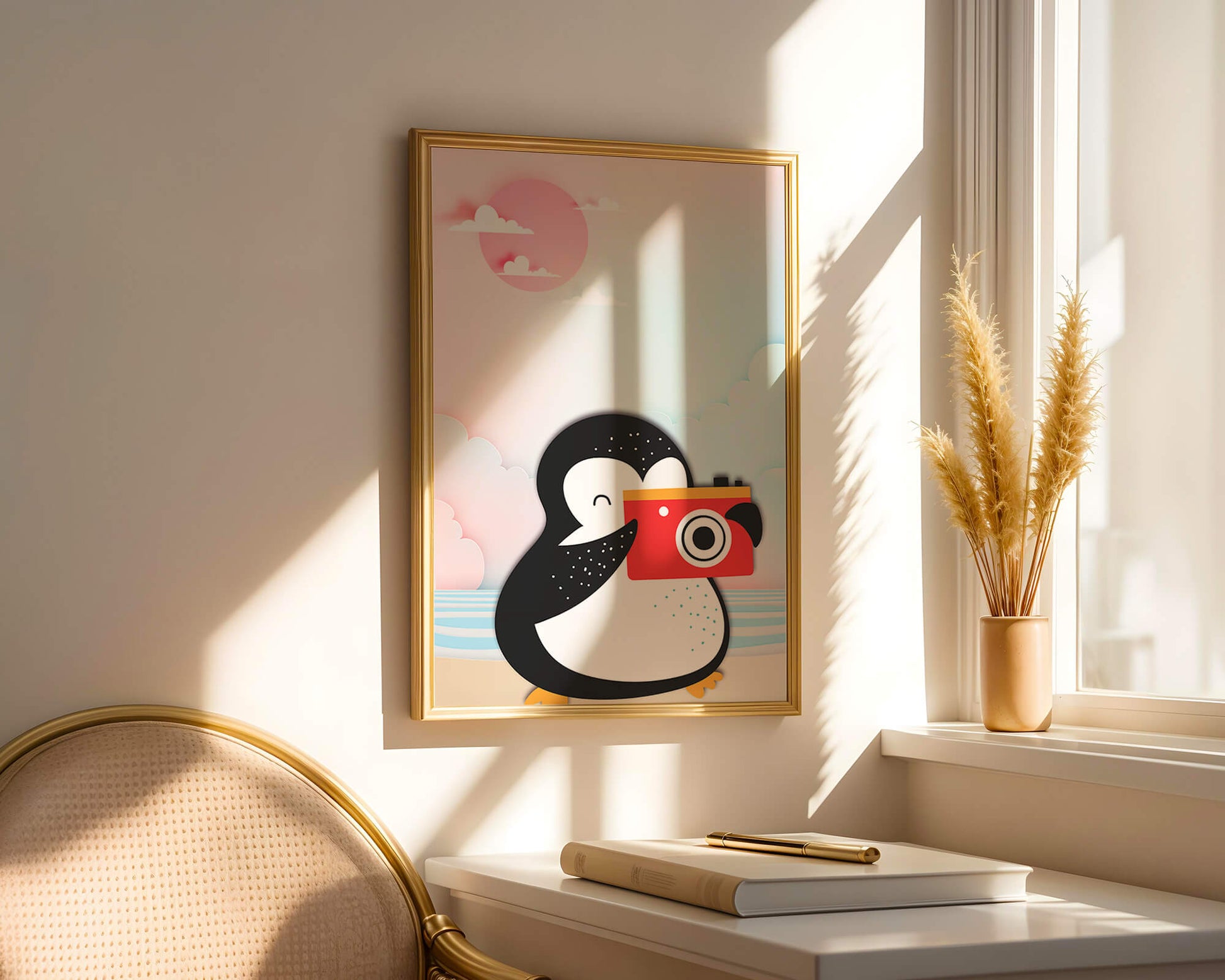Whimsical penguin illustration with a camera on a pastel beach