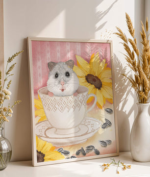 Hámster adorable en una taza de té con girasoles y semillas