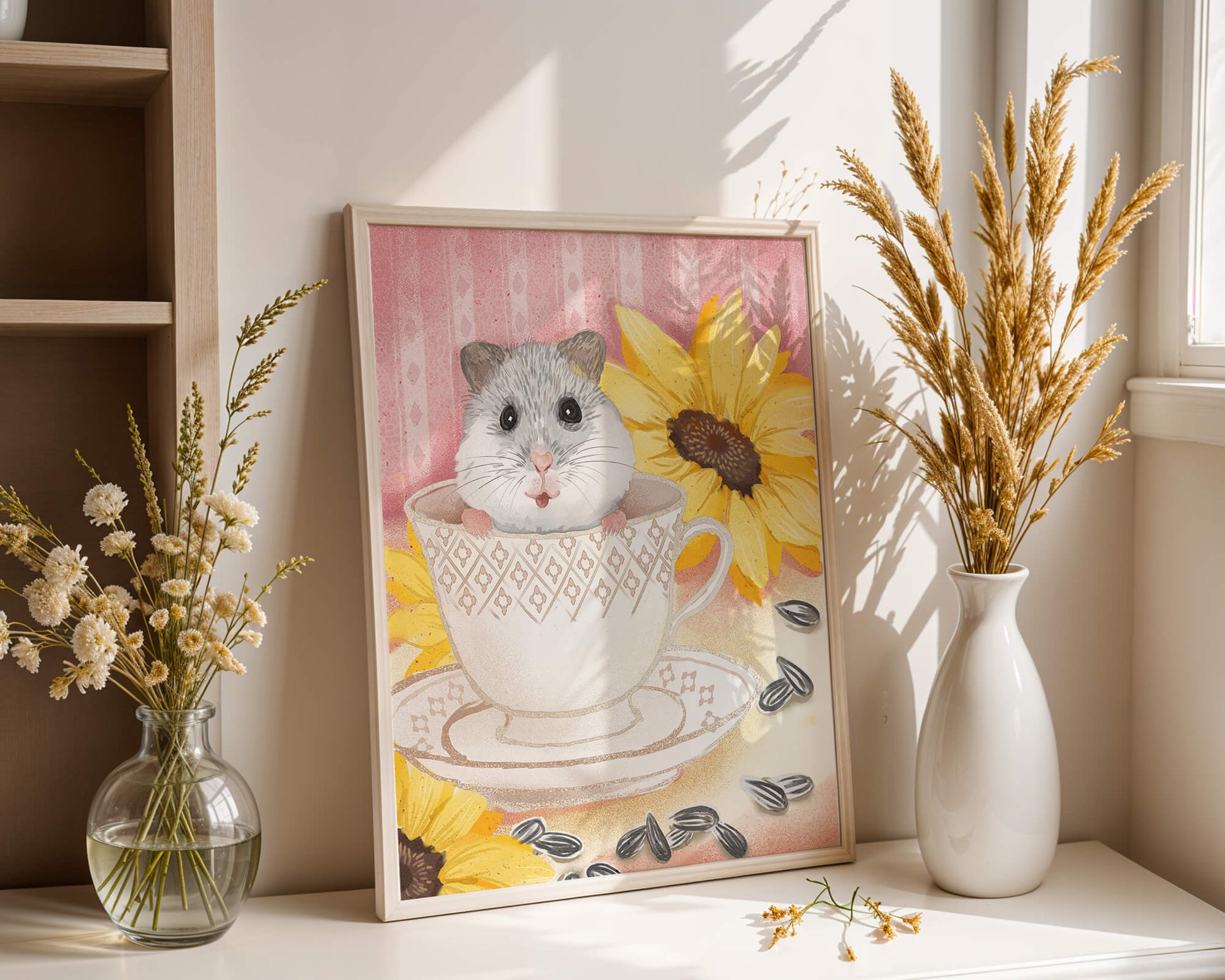 Adorable hamster in teacup with sunflowers and seeds